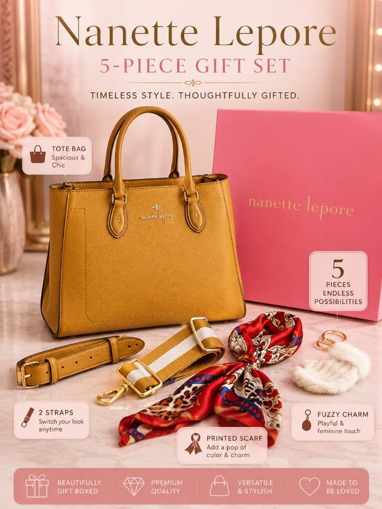 Nanette Lepore Handbags - Nanette Lepore 5-Piece Mustard Tote Bag Gift Set Straps Scarf Charm Boxed